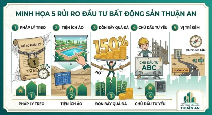 5 rủi ro đầu tư BĐS Thuận Giao: pháp lý treo, tiện ích ảo, đòn bẩy quá đà, chủ đầu tư yếu, vị trí kém