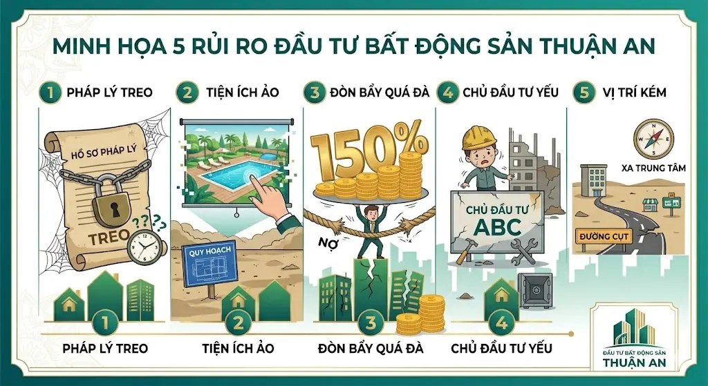 5 rủi ro đầu tư BĐS Thuận An: pháp lý treo, tiện ích ảo, đòn bẩy quá đà, chủ đầu tư yếu, vị trí kém