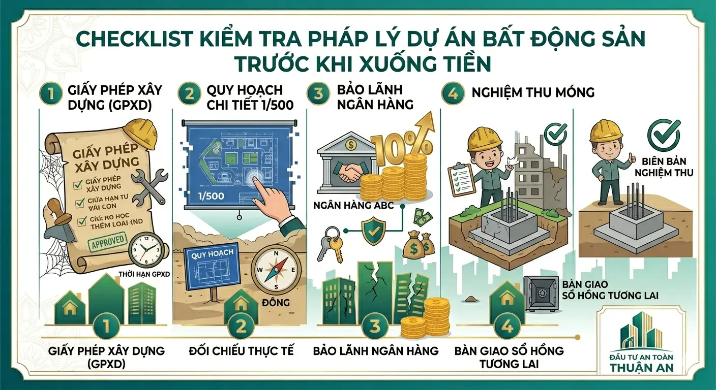 Checklist kiểm tra pháp lý dự án BĐS trước khi xuống tiền: GPXD, 1/500, bảo lãnh ngân hàng, nghiệm thu móng