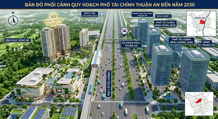 Phối cảnh quy hoạch 'Phố Tài Chính' dọc Quốc lộ 13 Thuận Giao 2030 với cao ốc văn phòng, tiện ích 5 sao và hệ thống giao thông hiện đại