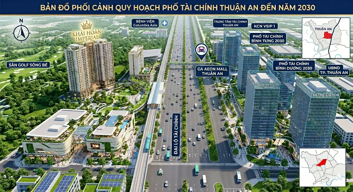 Phối cảnh quy hoạch 'Phố Tài Chính' dọc Quốc lộ 13 Thuận An 2030 với cao ốc văn phòng, tiện ích 5 sao và hệ thống giao thông hiện đại